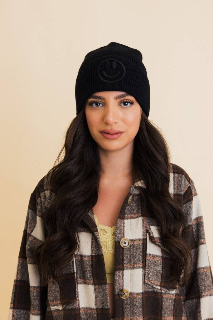 Smiley Face Embroidered Ribbed Knit Beanie