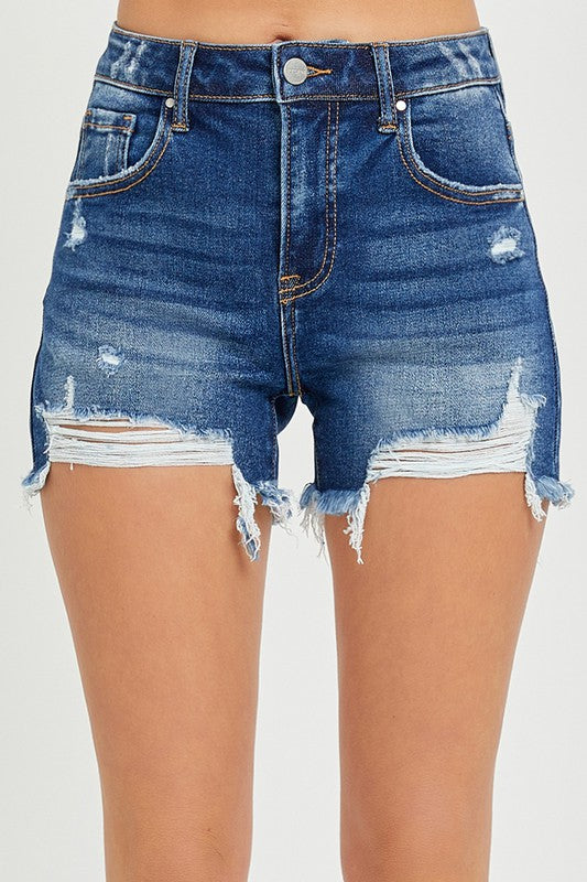 Dark Wash Distressed Risen Shorts