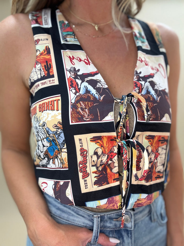 Cowboy Stamp Print Tie Vest