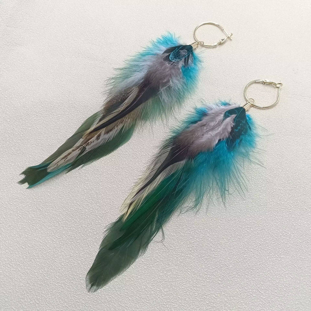 Blue Green Feather Hoop Earrings