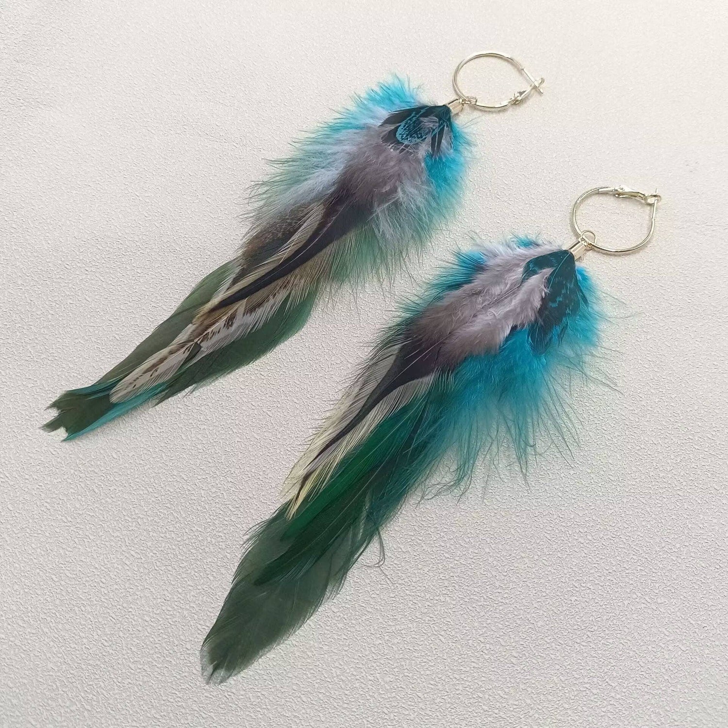 Blue Green Feather Hoop Earrings