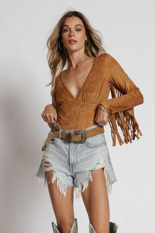 Camel Fringe Bodysuit