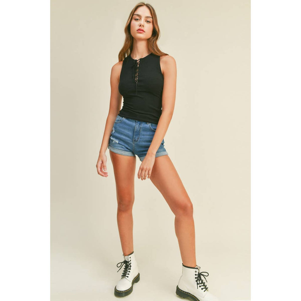 Ribbed Lace Up Tank Top