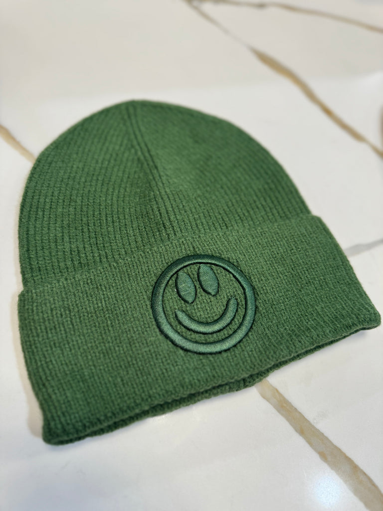 Smiley Face Embroidered Ribbed Knit Beanie