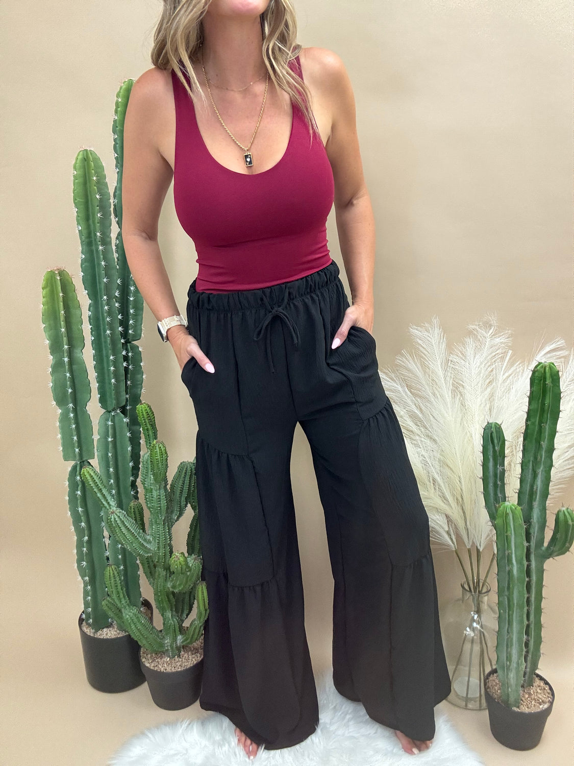 Black Tiered Wide Leg Pant