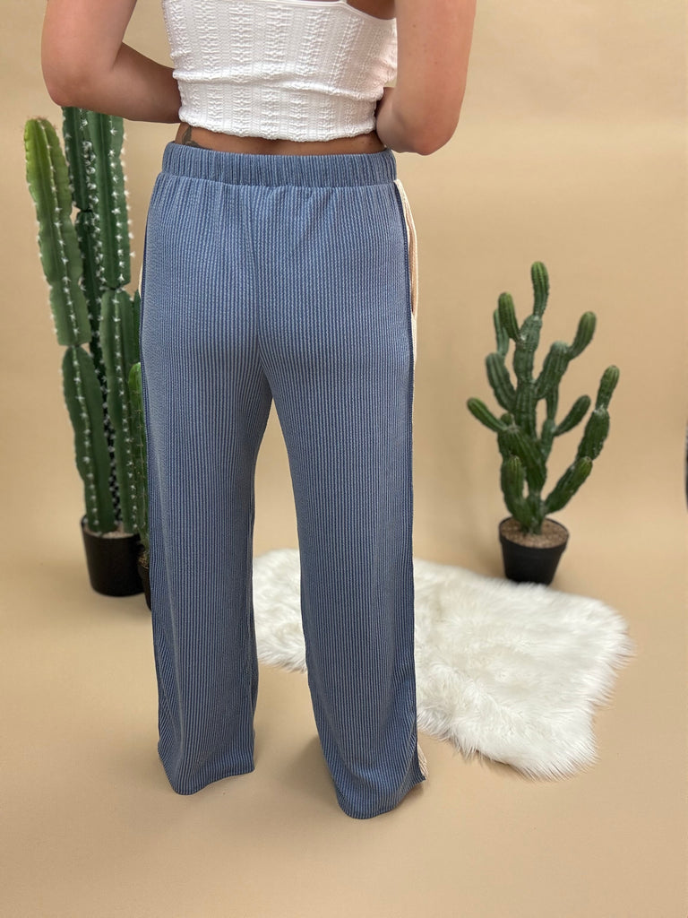 Dusty Blue Wide Leg Rib Pants