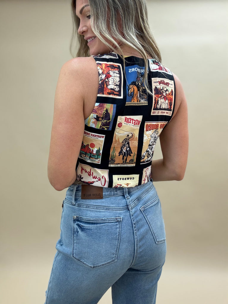Cowboy Stamp Print Tie Vest