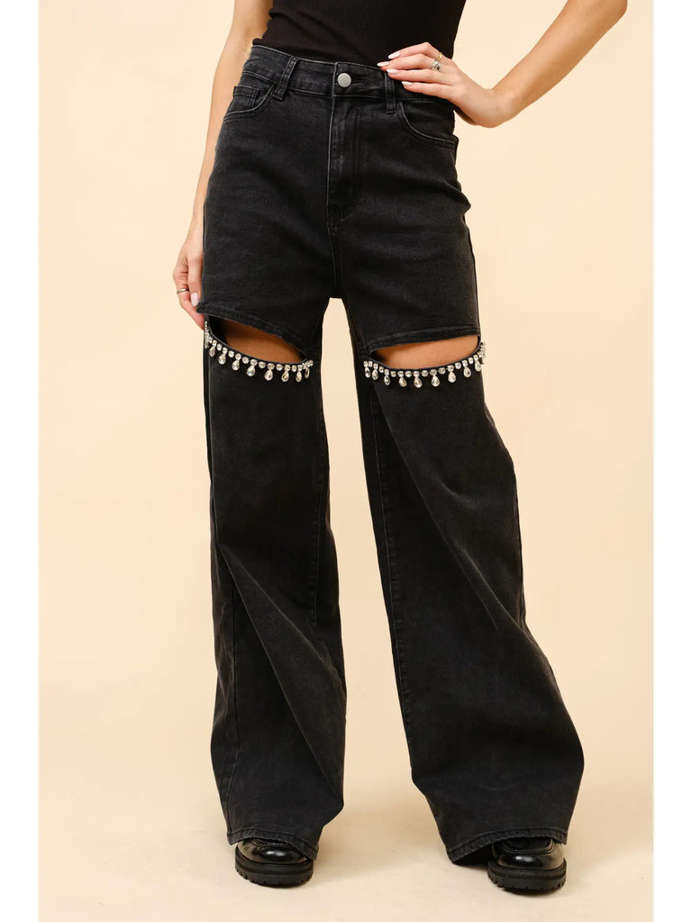 Black Rhinestone Cutout Jeans