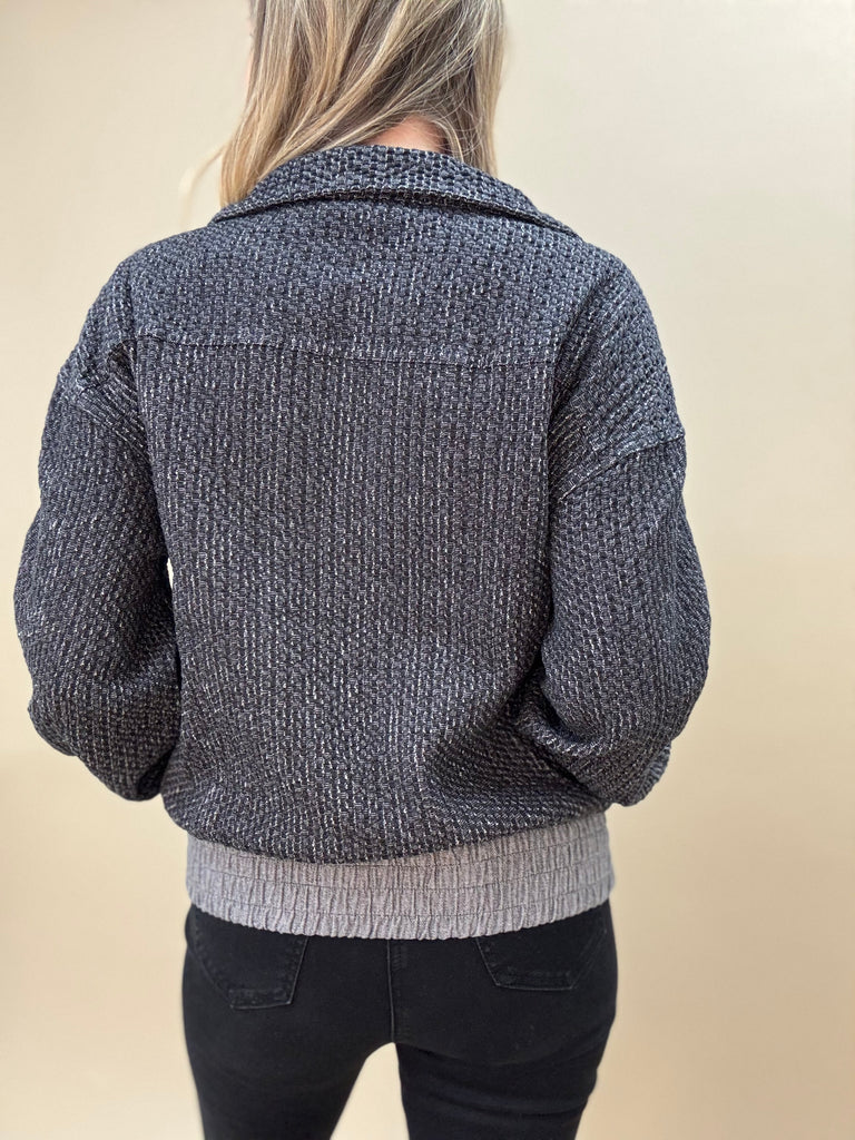 Zip Denim Waffle Pullover