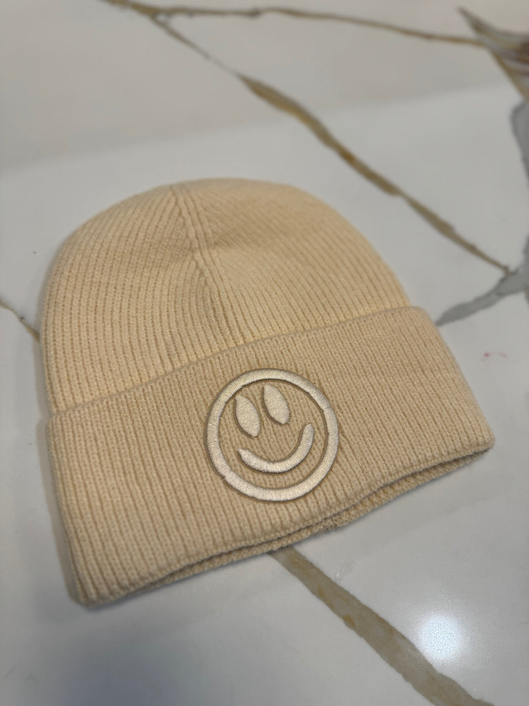 Smiley Face Embroidered Ribbed Knit Beanie