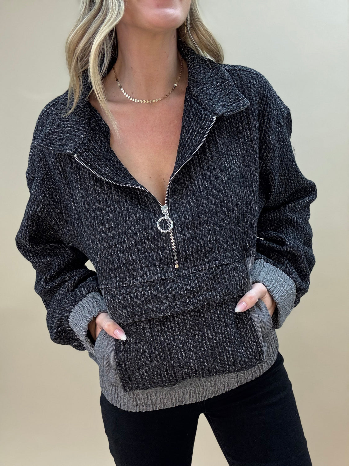 Zip Denim Waffle Pullover