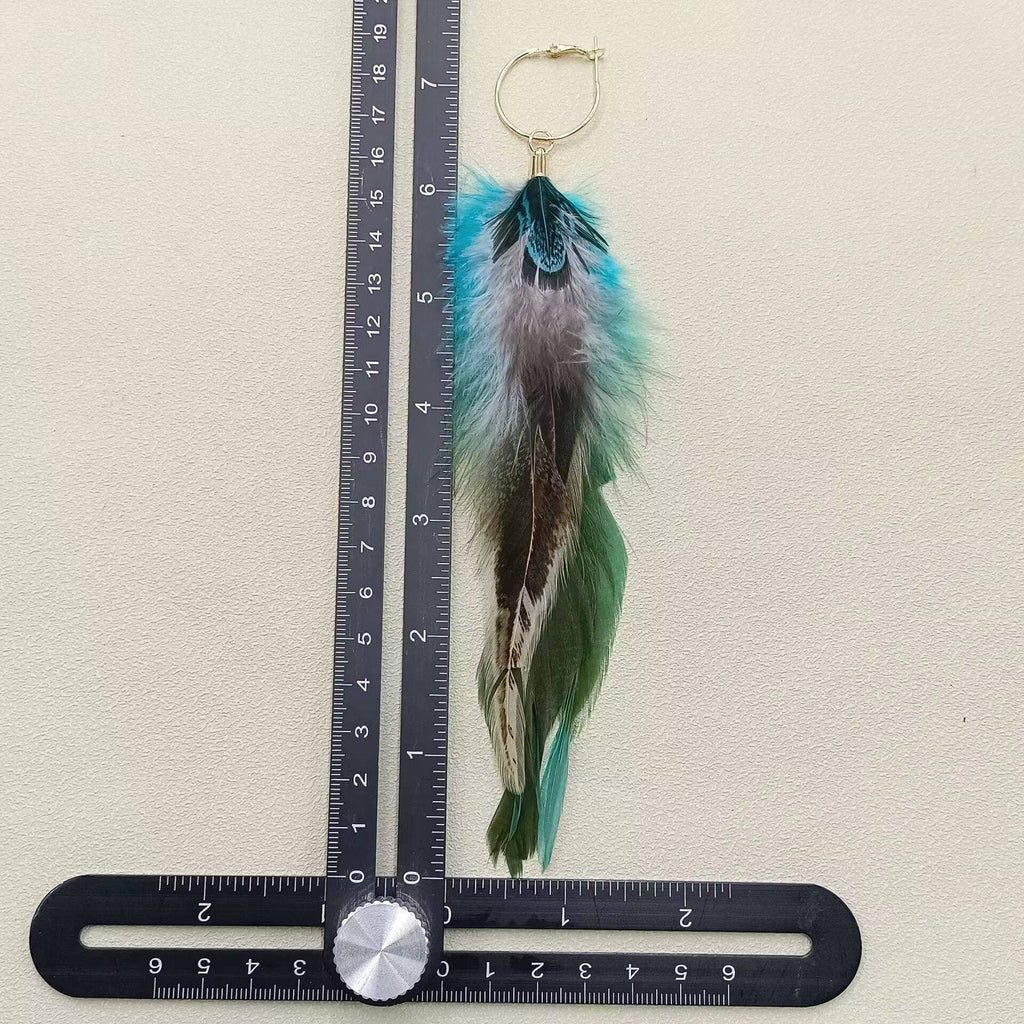 Blue Green Feather Hoop Earrings