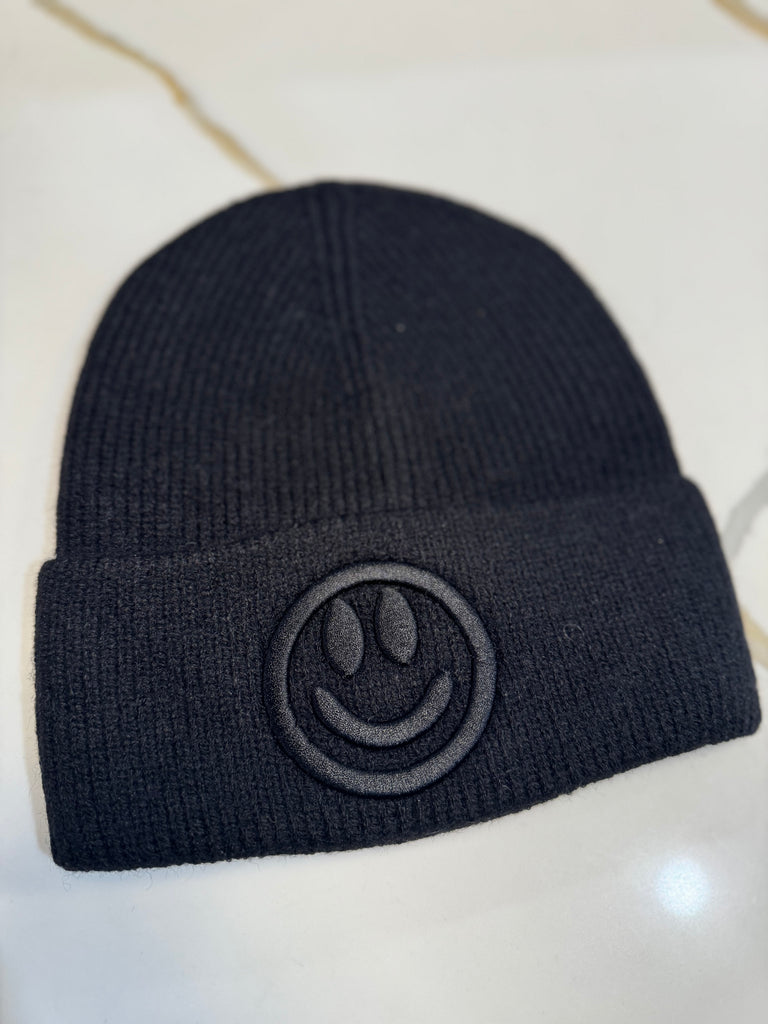 Smiley Face Embroidered Ribbed Knit Beanie