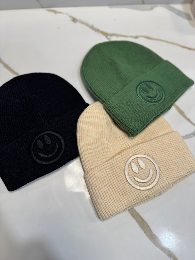 Smiley Face Embroidered Ribbed Knit Beanie
