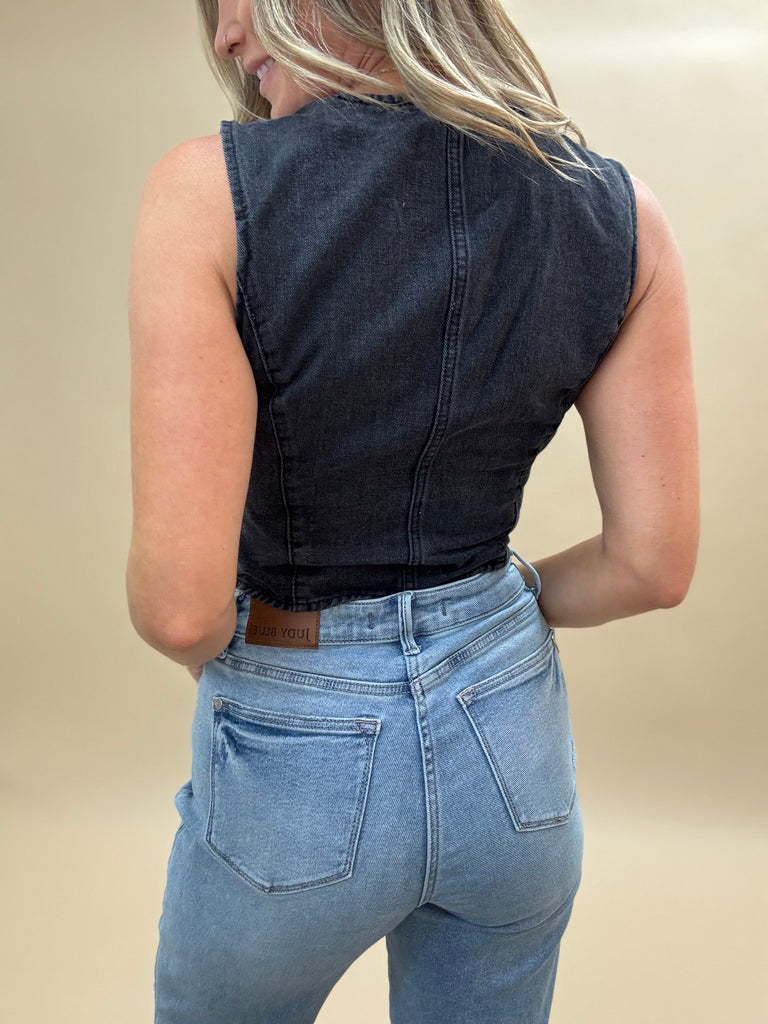 Black Denim Fitted Vest With Heart Pockets