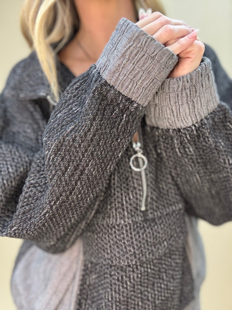 Zip Denim Waffle Pullover