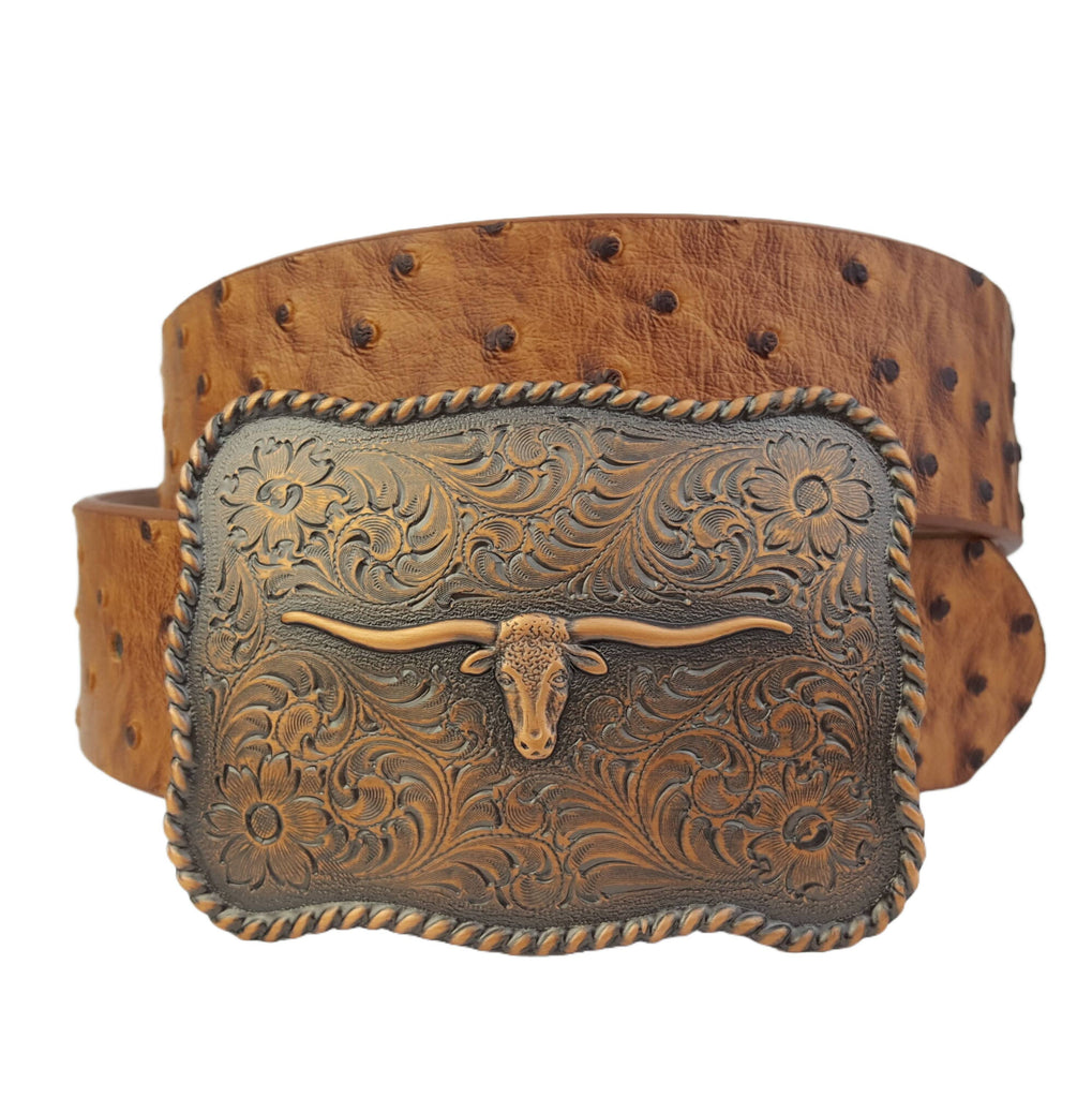 Copper Longhorn Ostrich Belt