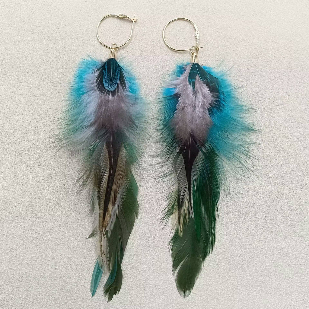Blue Green Feather Hoop Earrings