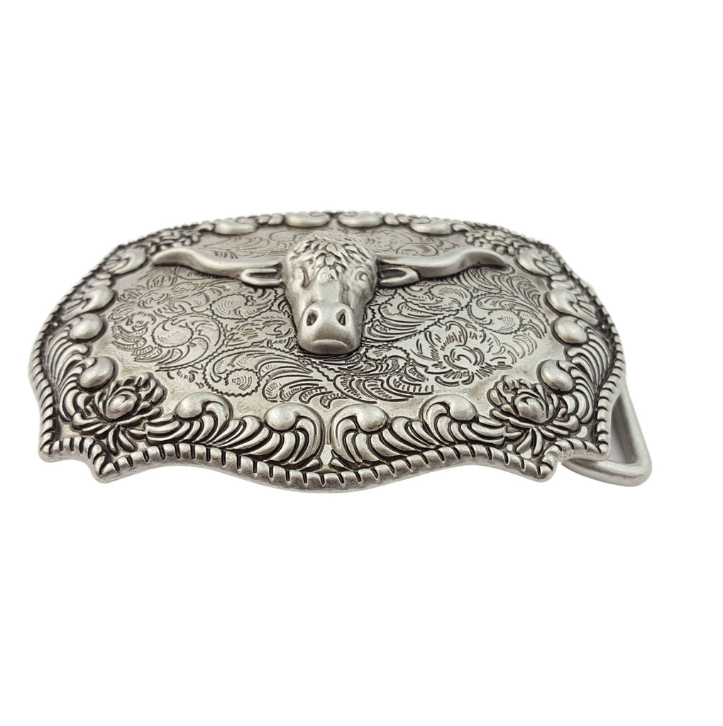 Buckle: Western Antique Silver Long Horn Design Belt Buckle