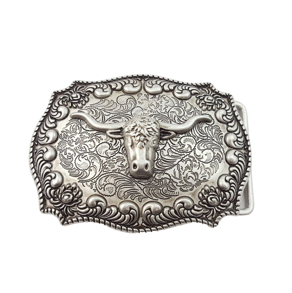 Buckle: Western Antique Silver Long Horn Design Belt Buckle