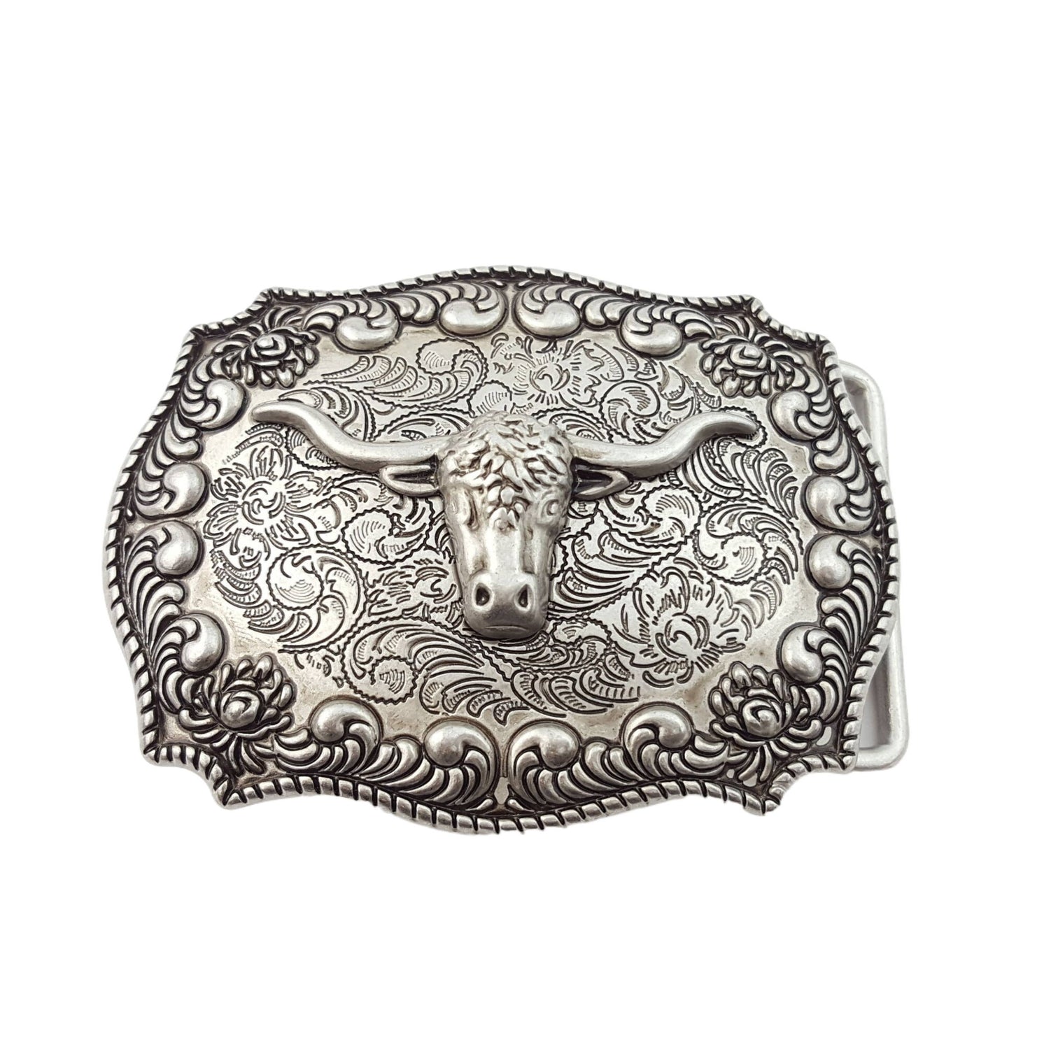 Buckle: Western Antique Silver Long Horn Design Belt Buckle