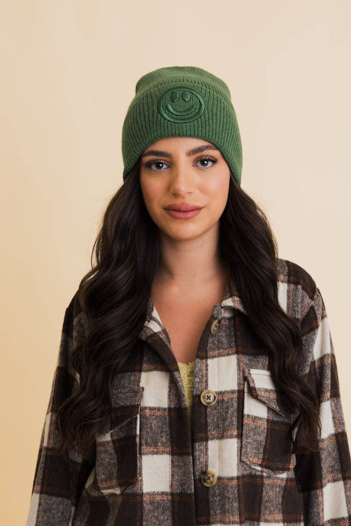 Smiley Face Embroidered Ribbed Knit Beanie