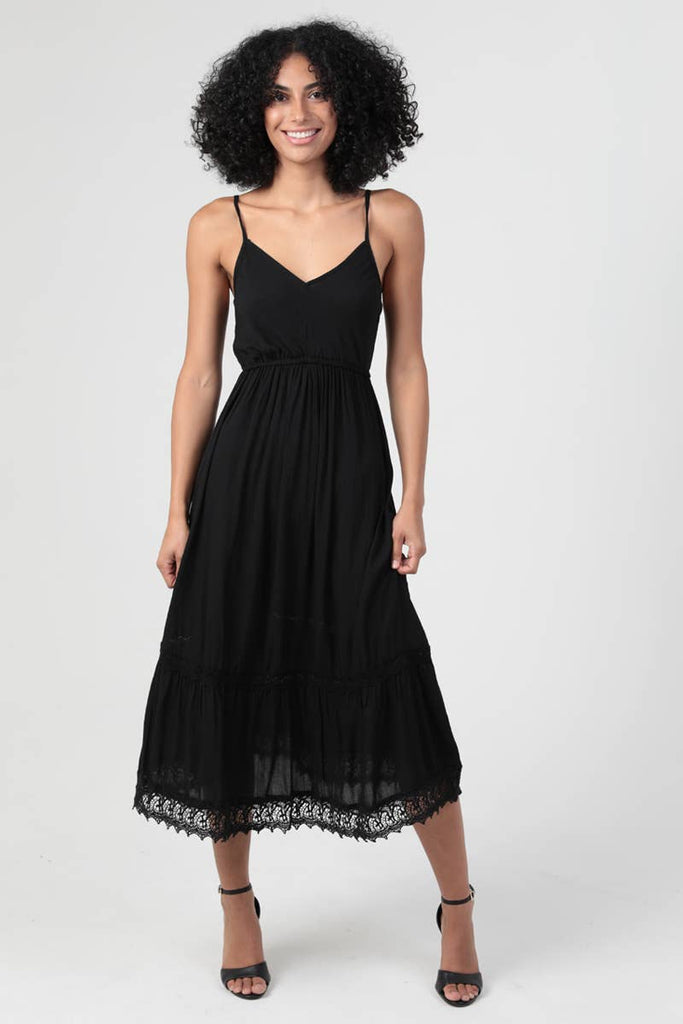 Lace Trimmed Black Midi Dress