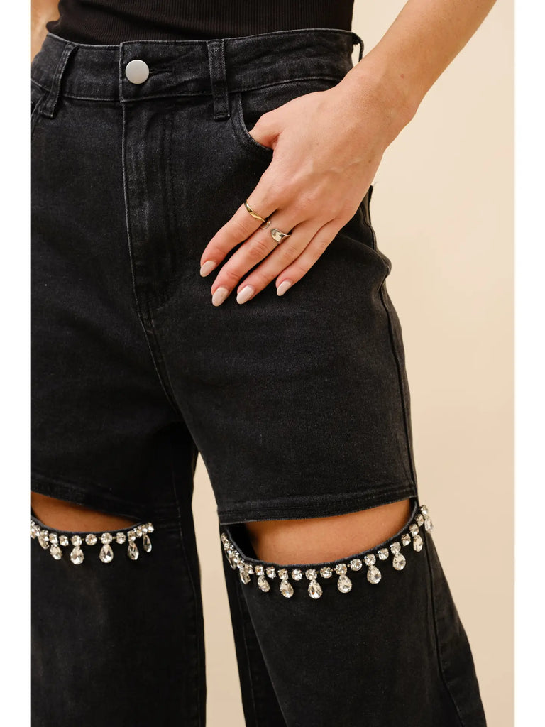 Black Rhinestone Cutout Jeans