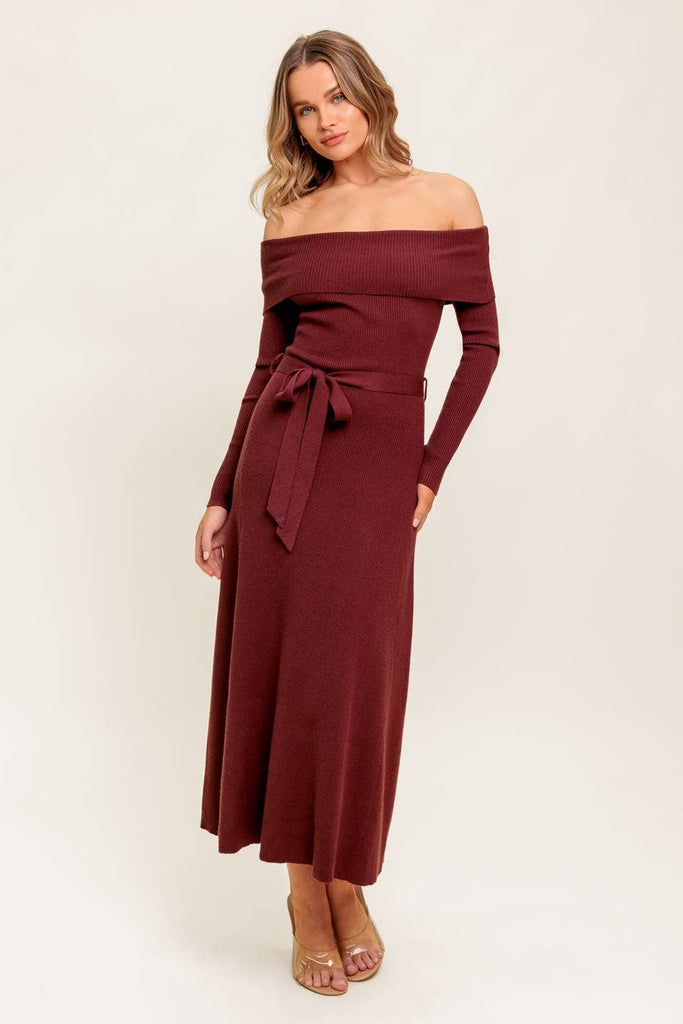 Off The Shoulder Baked Raisin  Sweater Dress