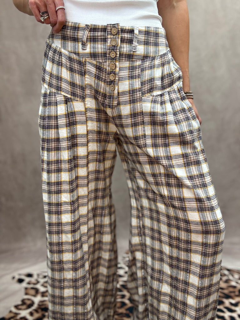 Buttoned Up Plaid Wide Leg Pants