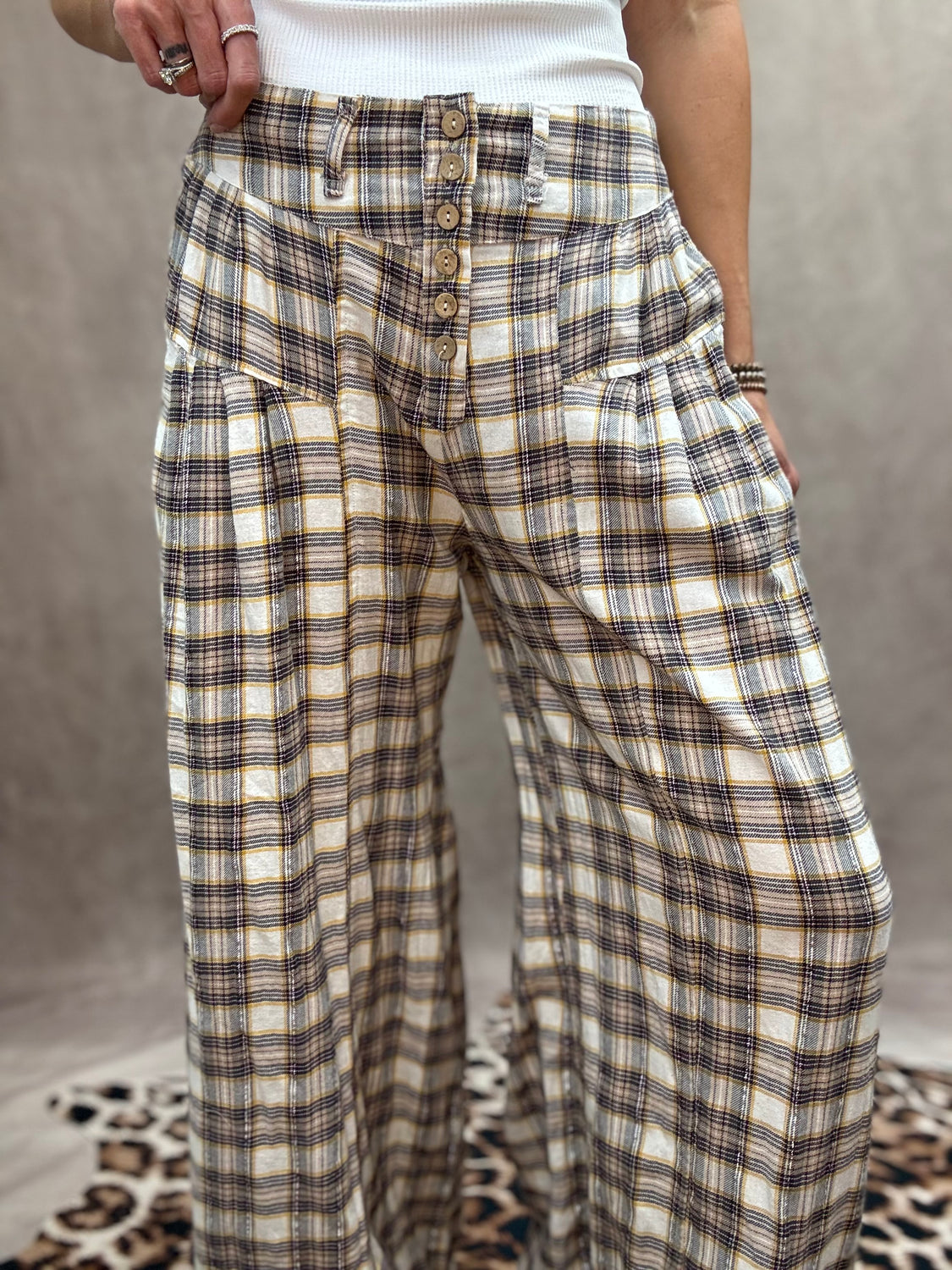 Buttoned Up Plaid Wide Leg Pants