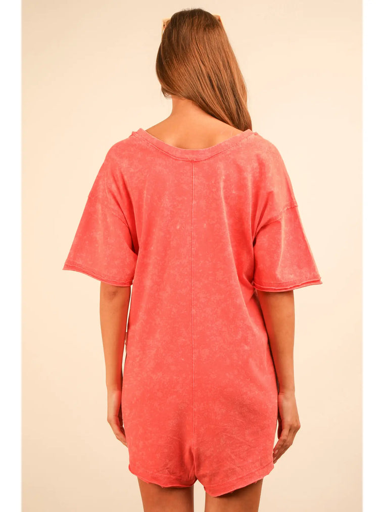Coral Mineral Washed T-Shirt Romper