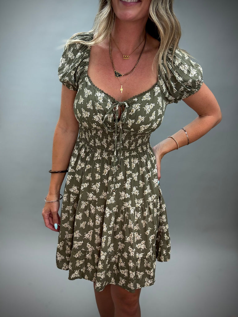 Olive Floral Bohemian Midi Dress