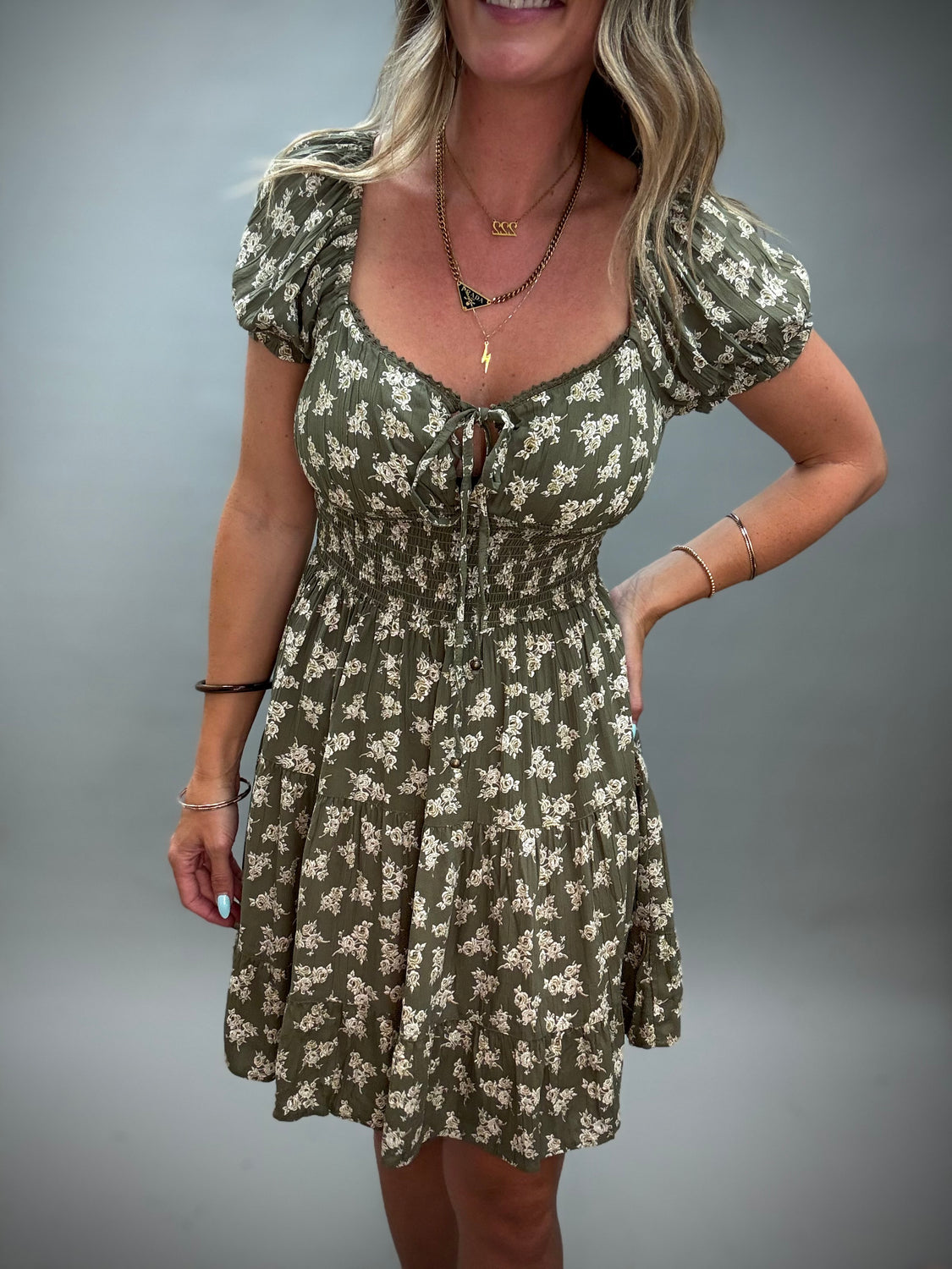 Olive Floral Bohemian Midi Dress