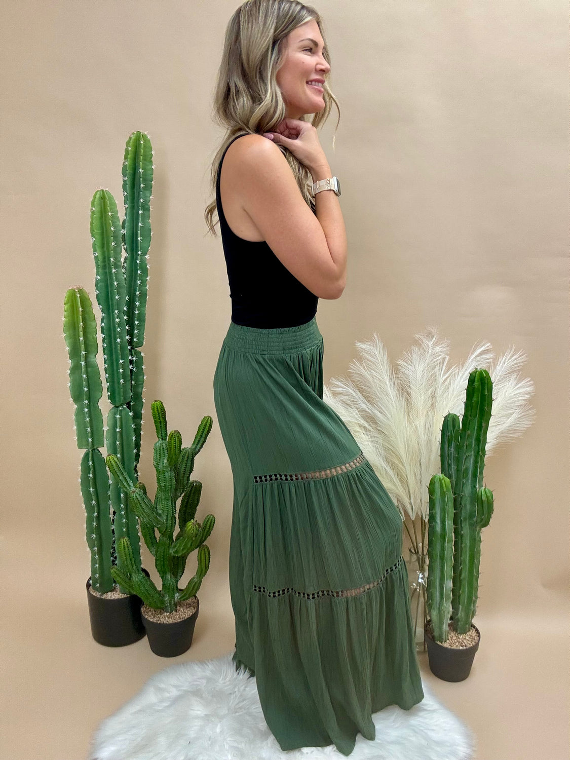 Olive Lace Detail Palazzo Pants