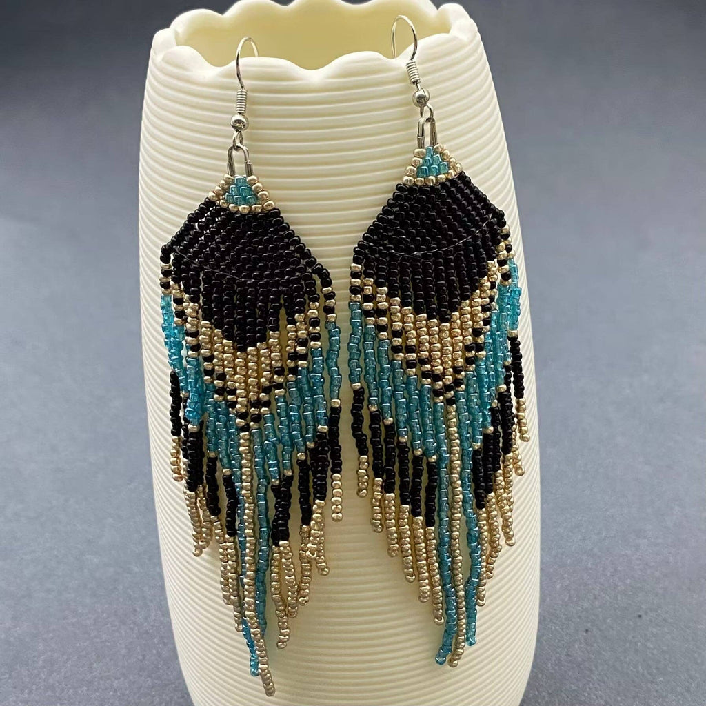 Turquoise Seed Beads Fringe Earrings