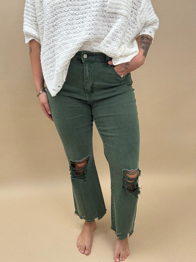 Olive Straight Distressed Crop Jeans