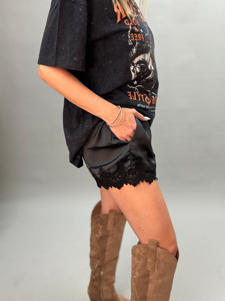 Lace Trimmed Satin Shorts Black