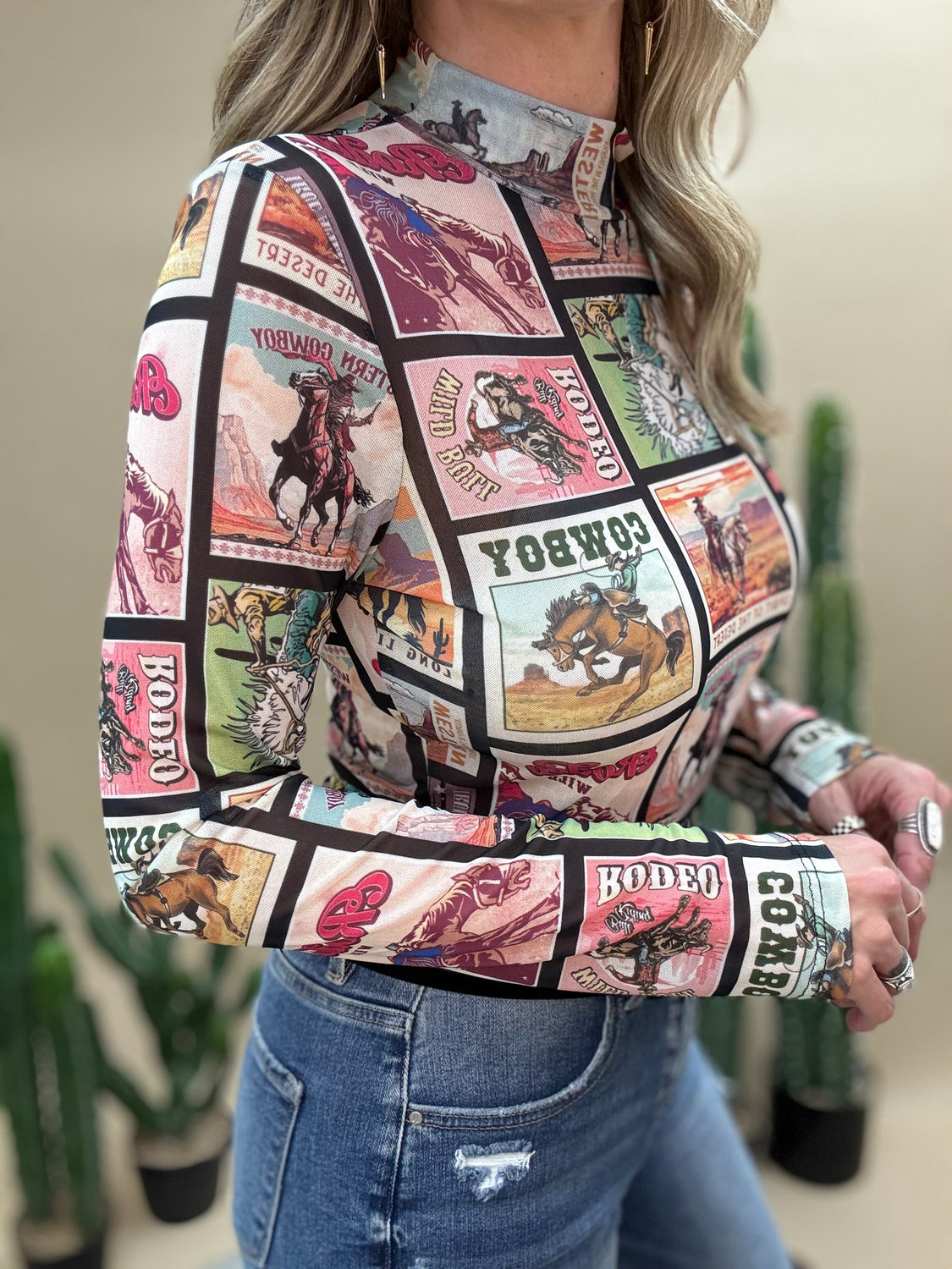 Postcard Print Mesh Bodysuit