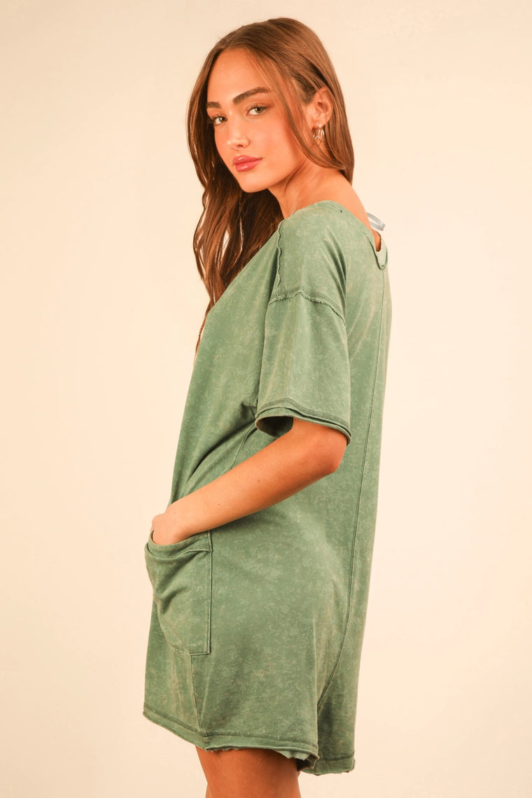 Olive Mineral Washed T-Shirt Romper