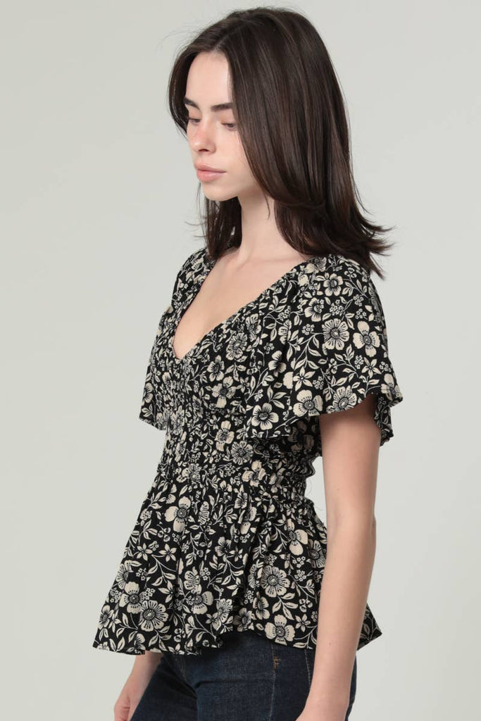 Black & Ivory Floral Smocked Top