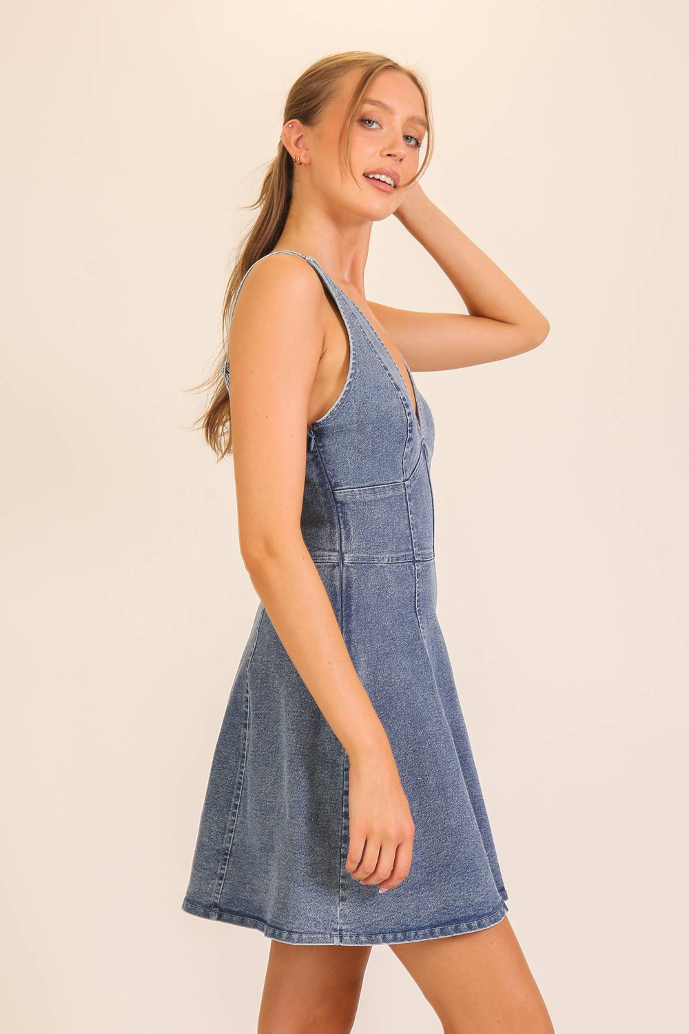 V-Neck Fit & Flare Stretch Denim Dress
