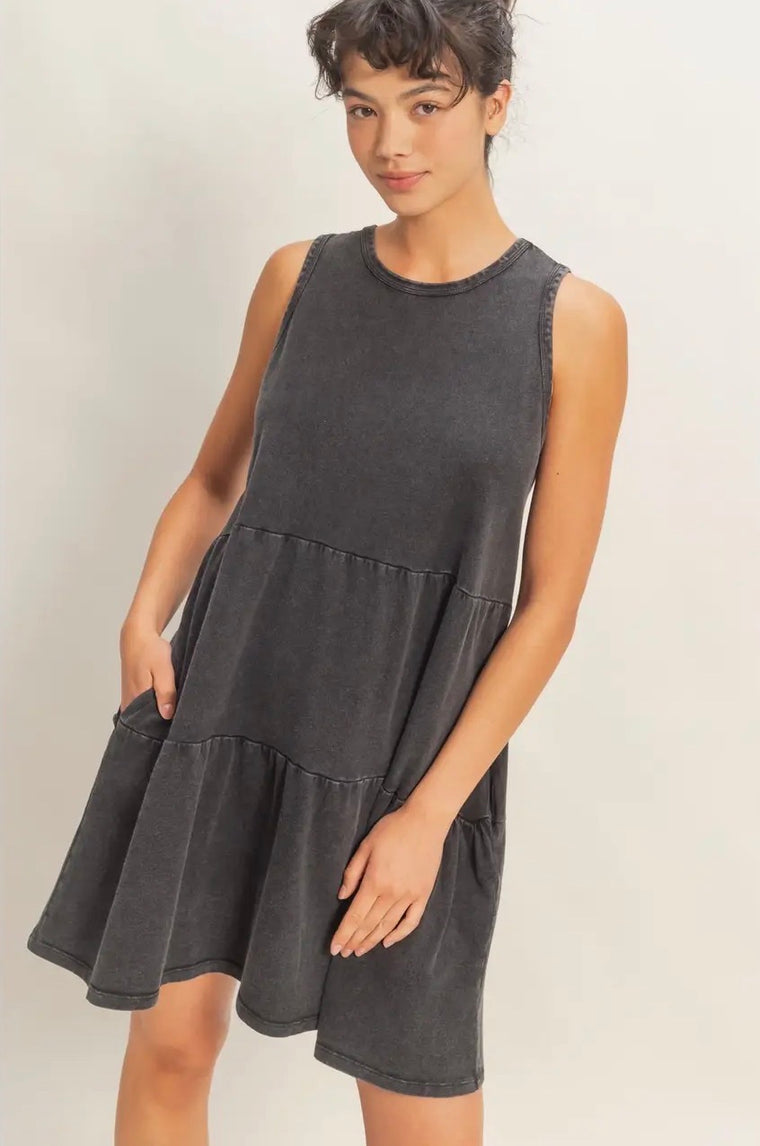 Grace Black Vintage Wash Tiered Tank Dress