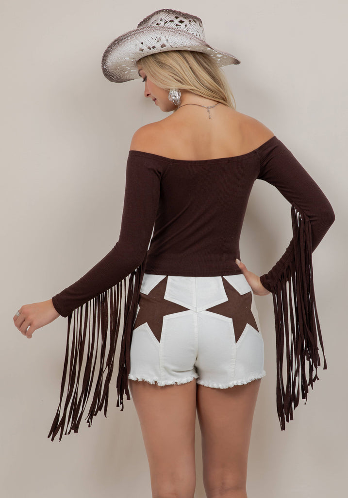 ST7130A BROWN FRINGE SLEEVE OFF THE SHOULDER TOP