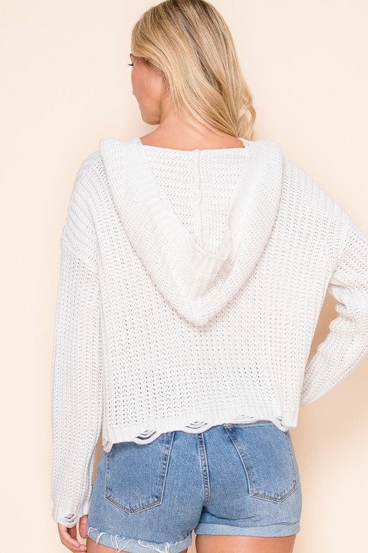 Tabby Knit Distressed Zip Up Sweater