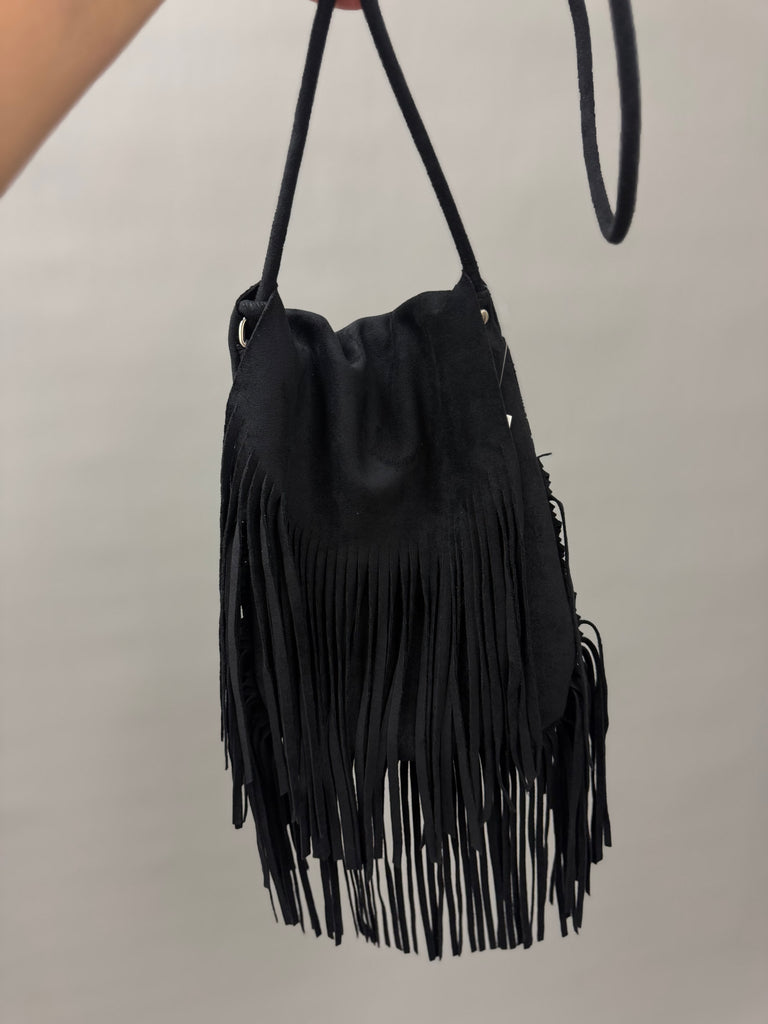 Black Faux Suede Fringe Bag