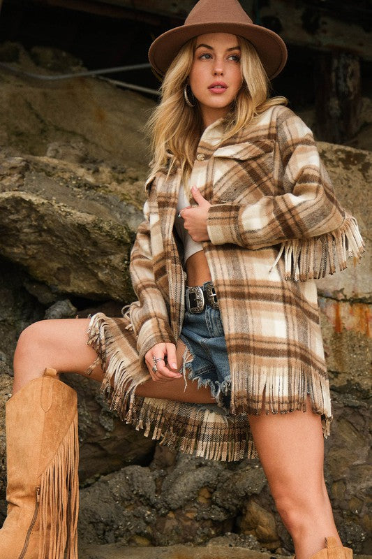 Harvest Plaid Fringe Coat