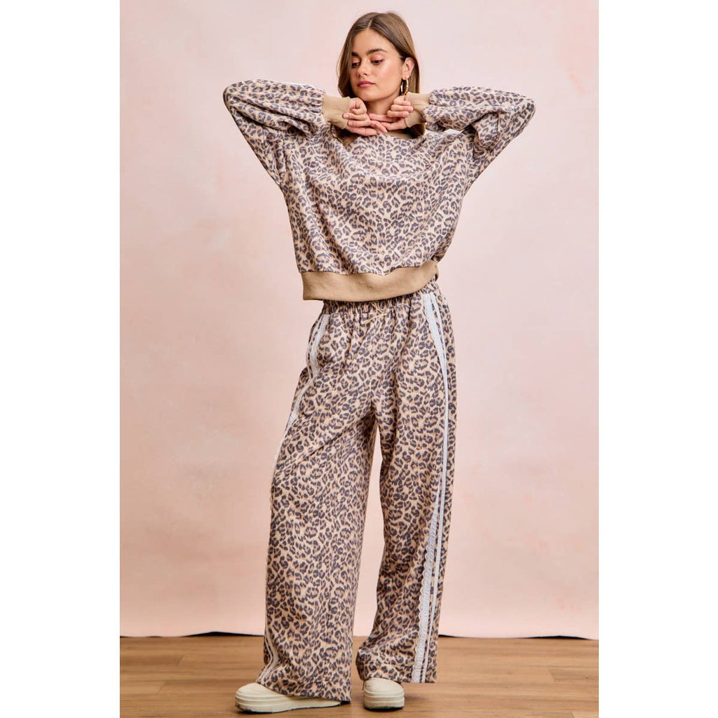 LEOPARD FRENCH TERRY LACE CONTRAST SWEATPANTS