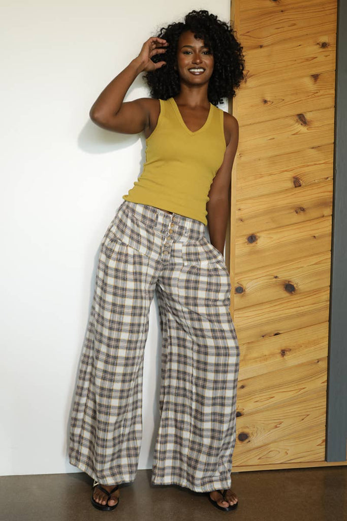 Buttoned Up Plaid Wide Leg Pants