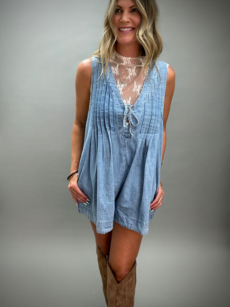 Front Pleated V Neck Sleeveless Denim Romper
